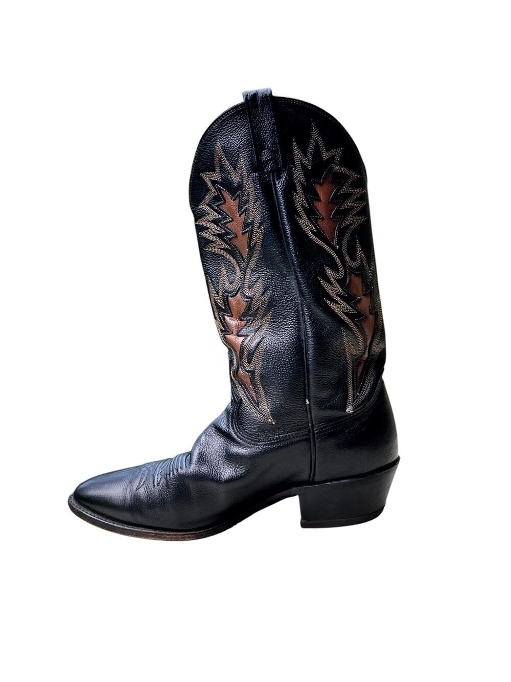 Vintage Dan Post Black Leather Embroidered Western Cowboy Boots Pointed Toe
